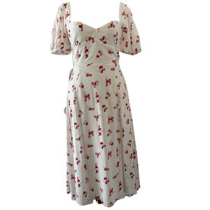 Bardot Cherry Print Midi Dress Slit Milkmaid Cottagecore Romantic Vacation 8 NWT